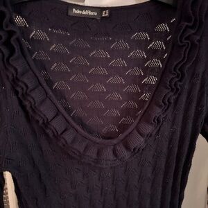 Pedro Del  Hierro Women’s Navy Ruffle V-Neck Sweater Sz Medium